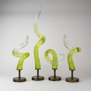 Lime Green Twisted Textured Glass Spikes on Antique Brass Stands (T6413)