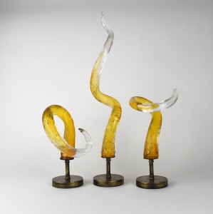 Yellow Twisted Textured Glass Spikes on Antique Brass Stands (T6420)