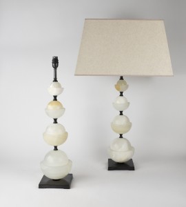 Pair of White Marble Table Lamps on Brown Bronze Bases (T6448)
