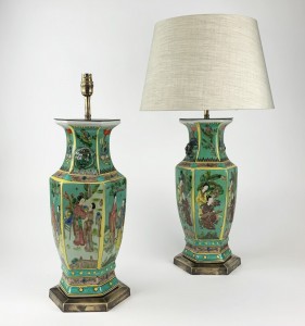 Pair of Green Chinese Ceramic Lamps on Antique Brass Bases (T6524)