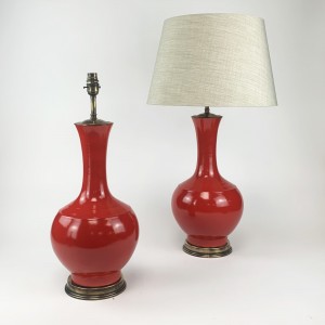 Pair of Red Ceramic Table Lamps with Antique Brass Bases (T6528)