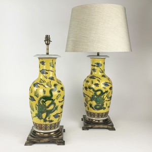 Pair of Large Yellow Chinese Lamps on Antique Brass Bases (T6532)