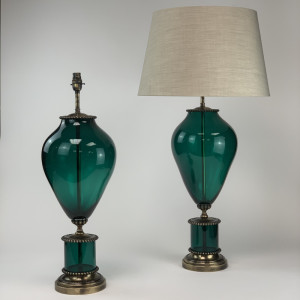 Pair Of Green Lucy Lamps On Antique Brass Bases (T6712)