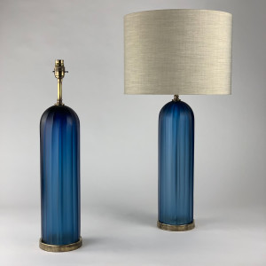 Pair Of Steel Blue Cut Dome Lamps On Antique Brass Bases (T6882)