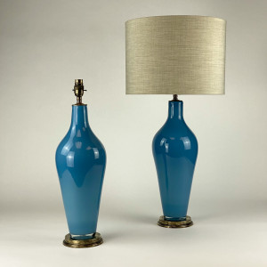 Pair Of Medium Sky Blue 'standard' Glass Lamps On Antique Brass Bases (T6999)