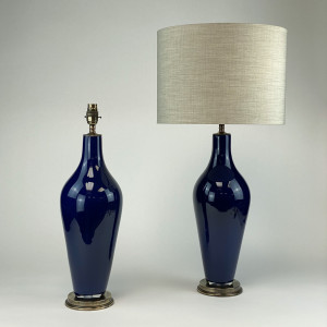 Pair Of Medium Dark Blue 'standard' Glass Lamps On Antique Brass Bases (T7023)