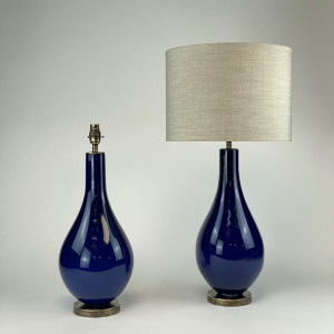 Pair Of Large Dark Blue Teardrop Shaped Glass Lamps On Antique Brass Bases (T7024)