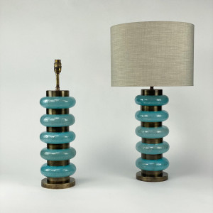 Pair Of Blue Glass Doughnut Lamps On Antique Brass Bases (T7036)