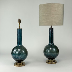 Pair of Blue Glass Bubble Lamps on Antique Brass Stand (T7053)