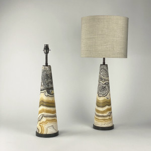 Pair Of Medium Amber And Grey Stripy Onyx Cone Lamps On Brown Bronze Bases (T7516)
