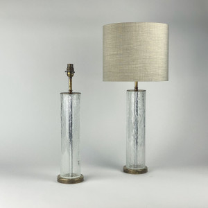 Pair Of Small Clear Bubble Glass Cylinder Lamps On Antique Brass Bases (T7532)