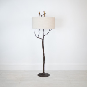 Cast Metal Double Bird Tree Floor Lamp In Brown Bronze Painted Finish With Distressed Gold Leaf Highlights And Special Order Shade (T7561)
