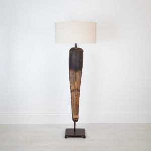 Wrought Iron And Carved Wood African 'Fang Mask' Floor Lamp With Brown Bronze Painted Finish (T7568)