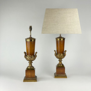 Pair Of Large Brown Wood Classical Urn And Gilded Metal Lamps (T7580)