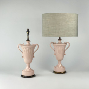 Pair Of Small Pink Ceramic Mid Century Urn Lamps On Antique Brass Bases (T7582)