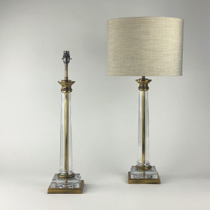 Pair Of Large Clear Vintage Glass Column Lamps On Antique Brass Bases (T7595)