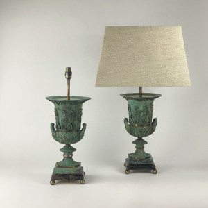 Pair Of Large Green Cast Bronze Urn Lamps With Blue John Base And Antique Brass Finish (T7598)