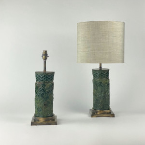 Pair Of Small Green Cast Peking Glass Lamps On Antique Brass Bases (T7599)