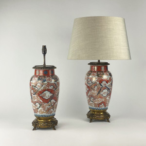 Pair Of Large Red Antique Imari Vase Lamps With Original Antique Brass Bases (T7603)