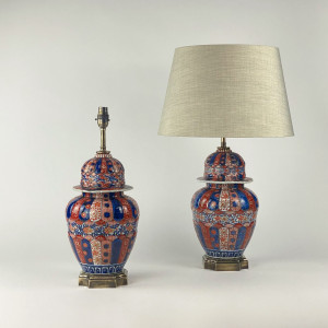 Pair Of Small Red Fluted Body Antique Imari Lamps On Antique Brass Bases With Minor Old Wear (T7606)