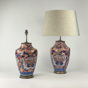 Pair Of Large Red Antique Imari Lamps On Antique Brass Bases (T7608)